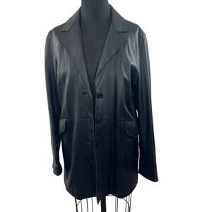 Womyn 100% Genuine Leather Black Jacket Button Front Long Sleeve Notched Lapel L